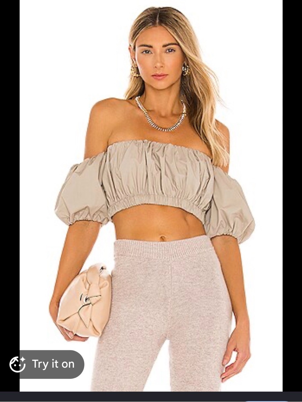 LPA Beige Off-Shoulder Puff Sleeve Crop Top